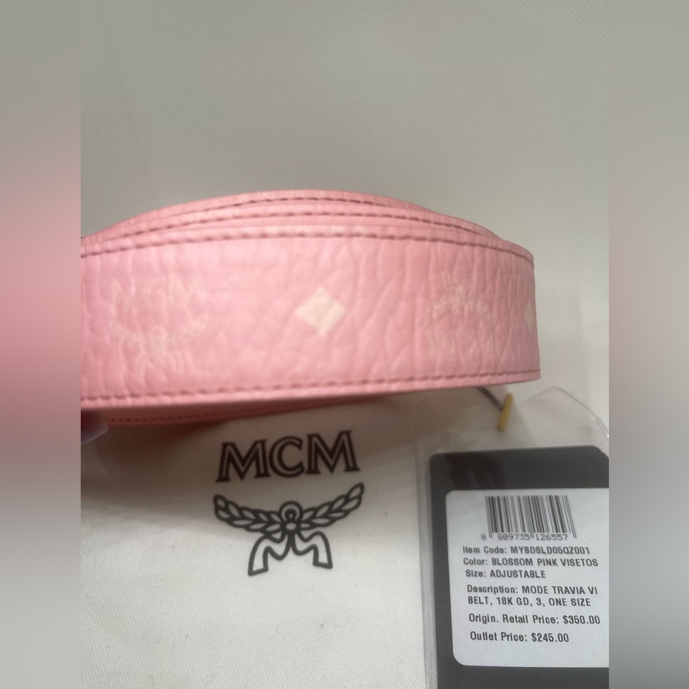 MCM ADJUSTABLE LEATHER BELT NWT COLOR BLOSSOM PINK WITH WHITE LOGO. 🌸 - Picture 6 of 8